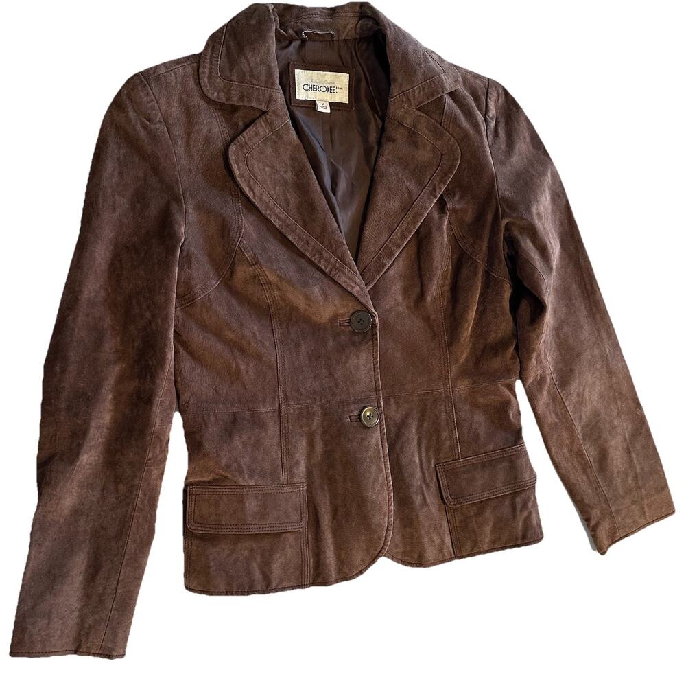 Cherokee Womens Sz Med Brown Suede Leather Two Button Jacket Blazer Boho Vtg Y2K